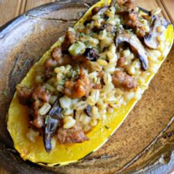 Mushroom, Barley, And Sausage Stuffed Delicata Squash