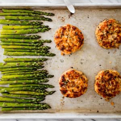 Sheet-pan Herbed Salmon Cakes With Asparagus And Lemon-herb Sauce
