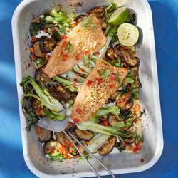 Miso Trout With Aubergine, Pak Choi And Peanuts tray bake meera sodha