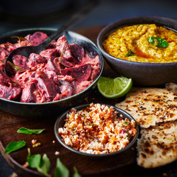 Sri Lankan-style Beetroot Curry With Dal, Pol Roti And Coconut Sambol