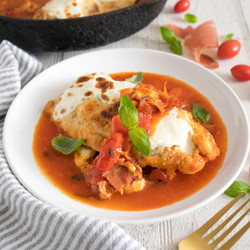 Cheesy Prosciutto Chicken With Grape Tomato Pan Sauce