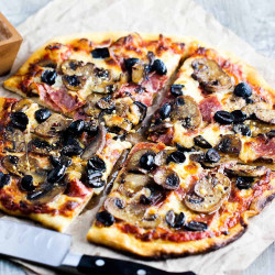 Soppressata, Mushroom, And Black Olive Pizza