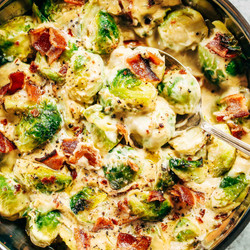 Creamy Cauliflower Bacon Garlic Brussel Sprouts