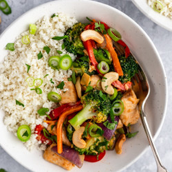 Ginger Cashew Chicken Stir Fry With Coconut Cauliflower Rice