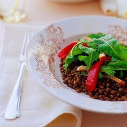 Arugula Salad With French Lentils, Smoked Chicken, And Roasted Peppers