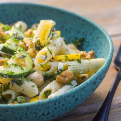 Zucchini Pasta Salad With Lemon, Garbanzo Beans, And Feta