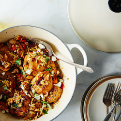 Chicken Thighs With Tomato, Orzo, Olives, and Feta