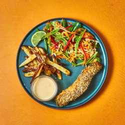Baked Salmon With Sesame Chips And Sweet Pea Pods Slaw