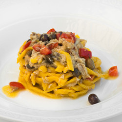 Pasta Alla Chitarra With Fresh Mackerel Ragù, Capers, Tomatoes And Taggiasca Olives