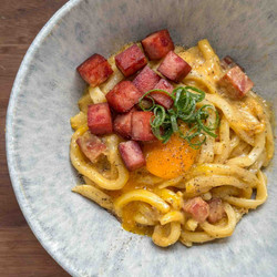 Miso Udon Carbonara With Spam
