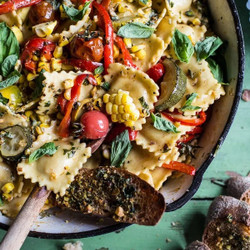 Garden Veggie And Ravioli Skillet With Pistachio Herb Butter