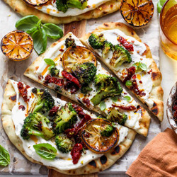 Naan Pizza With Whipped Ricotta And Blistered Broccoli