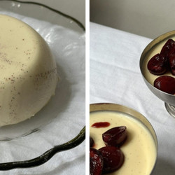 WHITE CHOCOLATE PANNA COTTA WITH ROASTED BALSAMIC CHERRIES