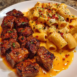Juicy Garlic Butter Steak Bites With Cheesy Cheddar Pasta