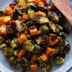 Roasted Brussels Sprouts And Squash With Dried Cranberries And Dijon Vinaigrette