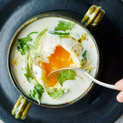 Garlic Soup With Potatoes And Poached Eggs
