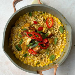 Corn &amp; Coconut Noodles With Halloumi