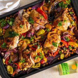 Sheet Pan Vinegar Chicken With Roasted Peppers And Onions