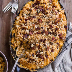 Butternut Squash + Charred Brussels Mac And Cheese With Buttery Bacon Ritz Crackers.