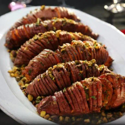 Hasselback Sweet Potatoes With Pistachio Crumble