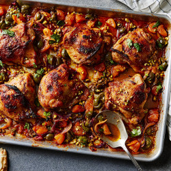Sheet-pan Harissa Chicken With Smashed Olives &amp; Apricots