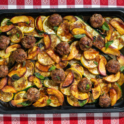 Sheet Pan Tingly Meatballs With Charred Peaches And Summer Squash