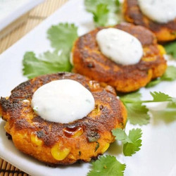 Sweet Potato Corn Cakes With Garlic Dipping Sauce