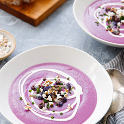 Purple Cauliflower &amp; Sweet Potato Soup With Popped Sorghum