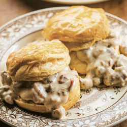 Bacon and Sausage Gravy with Biscuits
