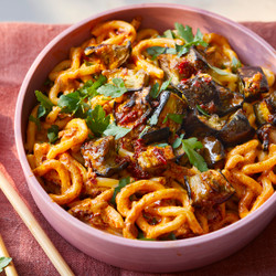 Harissa Tahini Noodles With Charred Aubergines