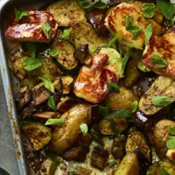 Crushed Potato &amp; Halloumi Traybake With Summer Veg