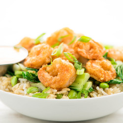 Crispy Boom Boom Shrimp Rice Bowl With Edamame And Bok Choy