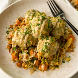 Fall Sheet Pan Chicken Meatballs And Veggies With Maple Tahini Dressing