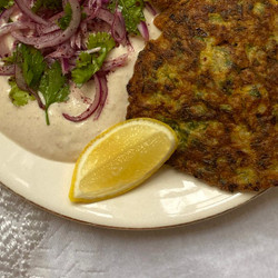 Herby Rice Fritters With Tahini Kefir And Sumac Onions