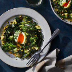 Broccoli Rabe And Avocado Salad With Lemon Dressing And Herby Molten Eggs