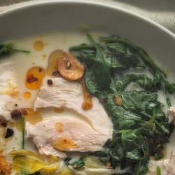 Poached Creamy Chicken Soup With Leeks, Spinach &amp; Chilli Oil