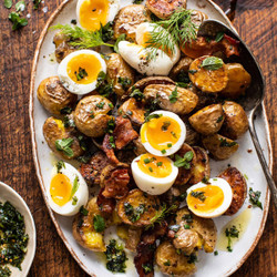Crispy Breakfast Potatoes With Chili Garlic Oil And Herbs.