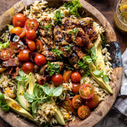 Grilled Lemon Herb Chicken Avocado Orzo Salad With Honey Mustard Bacon Dressing
