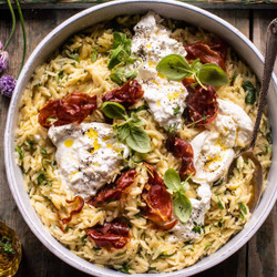 20 Minute Orzo Carbonara With Crispy Prosciutto And Burrata.