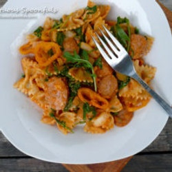 Farfalle Romesco With Chicken Sausage, Sweet Peppers, Spinach &amp; Arugula
