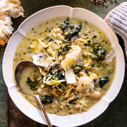 Creamy White Bean Lemon Pesto Orzo Soup