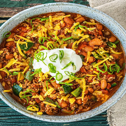 Classic Beef Chili With Borlotti Beans, Poblano Pepper, And Cheddar Cheese