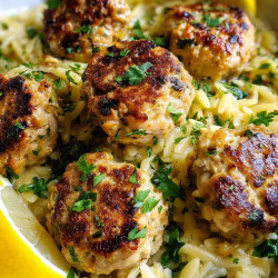 Lemon Garlic Chicken Meatballs Orzo
