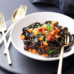 Spicy Squid Ink Fettuccine With Shrimp And Chorizo