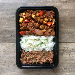 Fire Roasted Tomato Beef With Rice And Refried Beans