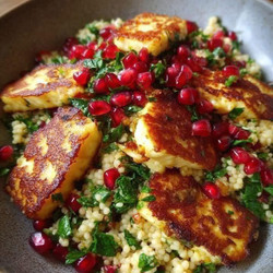 Halloumi &amp; Pomegranate Couscous Salad with Mint-Lemon Dressing