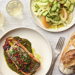 Barbecue Fish And Chermoula Sauce With Fennel, Orange And Zucchini Salad