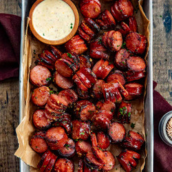 Mustard Hasselback Kielbasa Bites