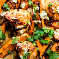 Chili-honey Chicken &amp; Sweet Potatoes W/ Cilantro Yogurt