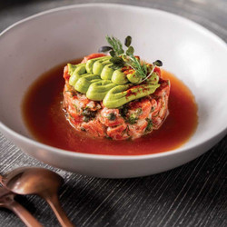 Salmon Tartare With Tomato Broth And Avocado Mousse
